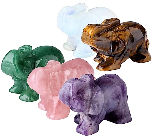 QINJIEJIE 5PCS Elephant Decor Amethyst Statue Crystals Rose Quartz Green Aventurine Opal Tiger Eye Cute Desk Stones Decoration Room Office Decor Statue Pocket Spiritual Gem Gifts for Women 1.5" - color: Amethyst+rose Quartz+green Aventurine+opal+tiger Eye