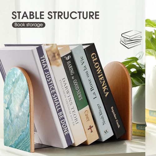 Wooden Bookends 2 Pcs,Pastel and Teal Agate Heavy Duty Office Book Ends Anti Slip Book Shelf Holder with Metal Base Decorative Book Stands - color: Pastel and Teal Agate
