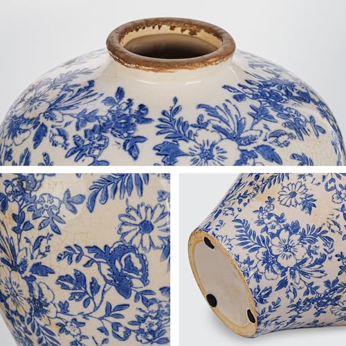 Sungmor Vintage Ceramic Flower Vase - 9.4 Inch Retro Ice Cracked Glaze Chinoiserie Vase, Rustic Farmhouse Home Décor Accent for Dried Flowers, Greenery - Table Centerpieces, Shelf, Mantel Decor - color: Blue&white