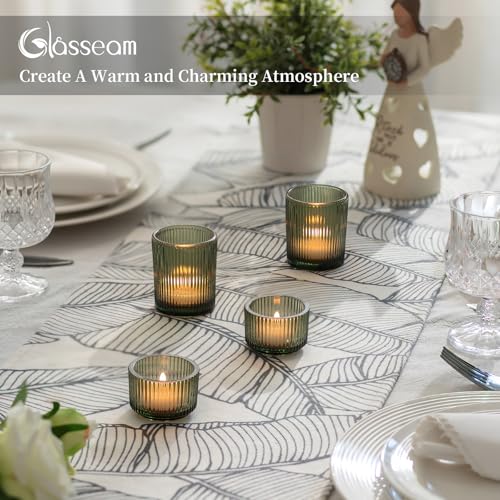 Glasseam Glass Votive Candle Holders: 8 PCS Ribbed Green Tea Lights Candle Holder Set Vintage Small Tealight Holders for Table Centerpiece Christmas Party Decor - color: Dark Green