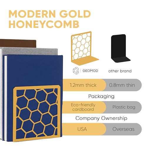 GEOMOD Geometric Honeycomb Gold Metal Bookends Decorative - Tall Sturdy Book Ends for Shelves - Modern Heavy Duty Bookend Stopper - Office or Home Book Shelf Book Holder - 6x3.25x6.25 Inches - 2 Pair - color: Gold, size: 2 Pairs, style: Honeycomb