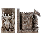 Bookends Dragon,Gothic Brown Resin Dragon Guarding Castle Pencil Cup Bookends, Office Desk Book Ends with Decorative Fantasy Dragons and Stone Tower Pen Holders, 1 Pair - color: Brown