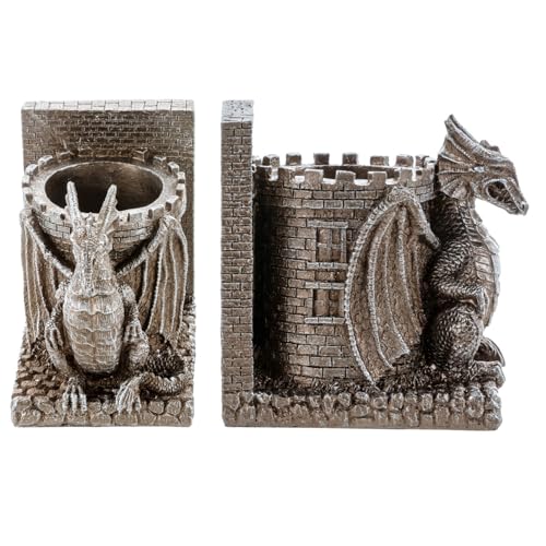 Bookends Dragon,Gothic Brown Resin Dragon Guarding Castle Pencil Cup Bookends, Office Desk Book Ends with Decorative Fantasy Dragons and Stone Tower Pen Holders, 1 Pair - color: Brown
