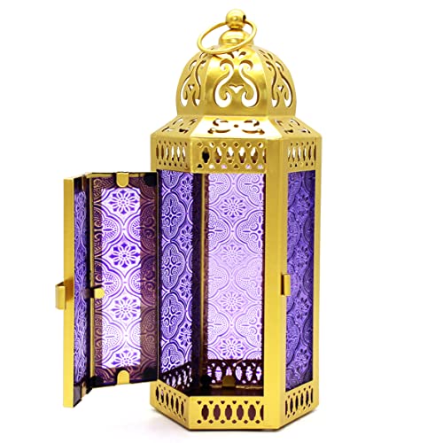 CVHOMEDECO. Decorative Candle Lantern Moroccan Lanterns Vintage Golden Metal Lantern Holder for Home Patio Outdoor Decor. Purple Glass, Medium - color: Purple G