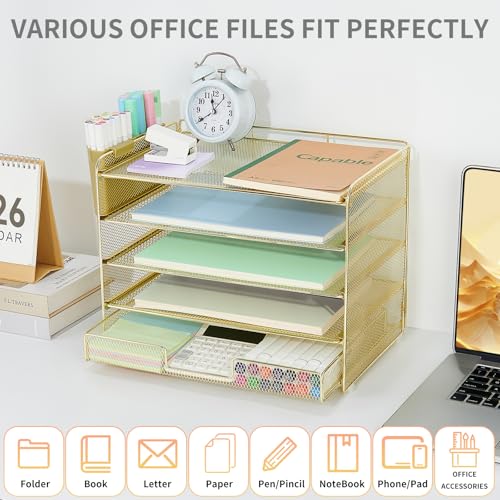 LEKETREE Desk Organizers and Accessories, 5-Tier Paper Letter Tray Organizer with Drawer & 2 Pen Holders, Desktop Organizer for Office Supplies (Gold) - color: Gold, size: 12" x 8" x 10"
