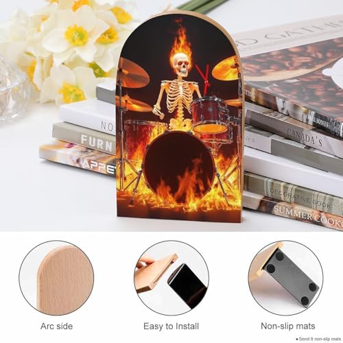 Sturdy Rock Drum Fire Flame Skull Skeleton Bookend Supports for Desktop, Book Ends Easy to Install, Book Stoppers for Heavy Duty Files, Magazines - color: Picture(454)