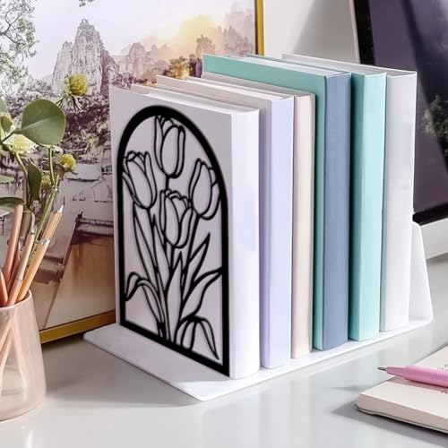 Peacoblue Metal Bookends for Shelves, Modern Decorative Heavy Duty Study Book Ends Stoppers for Office, Desk, Shelf, Room 5.3"x4.3"x7.9" Cast Iron Simple Tall Bookends 1 Pair (Tulips) - style: Tulips