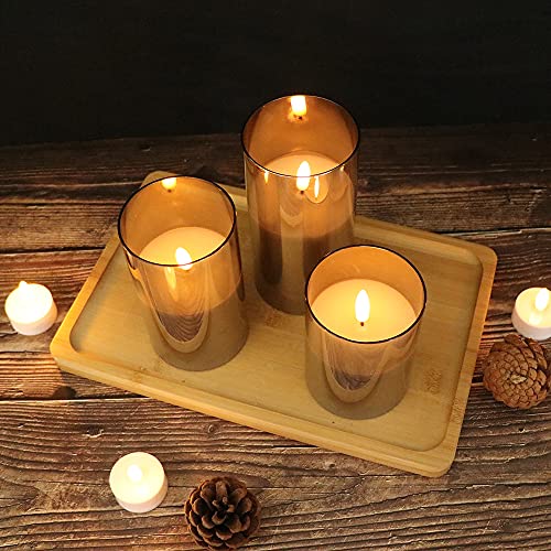 GenSwin Glass Flameless Candles with Remote Battery Operated Flickering LED Pillar Candles Real Wax 3D Wick for Wedding Festival Home Decoration(Gray,Pack of 3) - color: Black