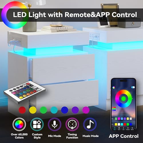 LIKIMIO Night Stand with Charging Station, Modern White Nightstand with LED Light and Drawers, Bedside Tables/End Table for Bedroom - color: White