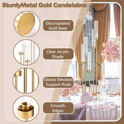 5 Arm Candelabra with Acrylic Lampshade Set of 4 Gold Candelabra for Wedding Table Birthday Party Home Decoration 39.4'' Candle Holder Fit LED Taper Candles - color: Gold, size: 4pcs