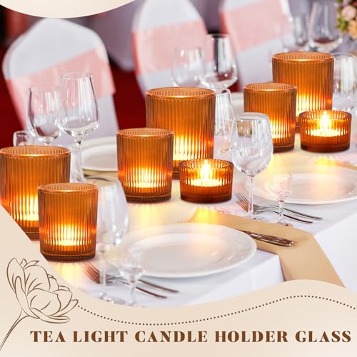Mumufy 48 Pcs Assorted Votive Candle Holders Ribbed Glass Tealight Candle Holder Bulk for Table Centerpiece, Baby Shower, Home and Wedding Party Decoration (Amber) - color: Amber