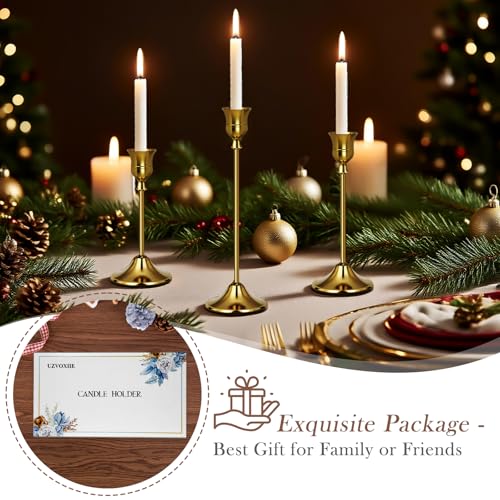 Gold Candlestick Holders Set of 3, Weighted, Metal Taper Candle Stick Holders, Vintage Christmas Brass Home Decor for Table, Mantel, Room Decorations Housewarming Gift Gold-3 - color: Gold, size: Set of 3