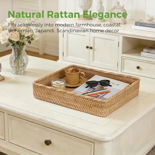 Wicker Storage Tray, Rattan Basket Rectangular for Bathroom Living Room, Decorative Serving Woven Trays Wicker Baskets for Organizing Home Decor XL(17.7" × 13.4") - style: XL (17.7" × 13.4")