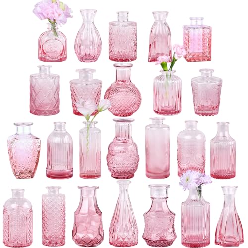 TBWIND Pink Glass Bud Vase Set of 24, Small Flower Vases for Centerpieces in Bulk, Mini Vintage Vase for Wedding Decor, and Home Table Décor - color: 24pcs-pink