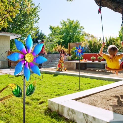 14'' Wind Spinners Outdoor, Flower Metal Garden Wind Spinners Outdoor, Kinetic Wind Sculptures & Spinners for Yard Garden Lawn Decor (Blue) - size: 14'' Blue