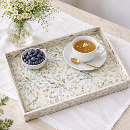 Serving Trays Handmade Trays for Serving Mother of Pearl Inlay Decorative Tray Room Decor, Coffee Table Tray Set of 2 Trays Decor for Ottoman Length 16'' and 14''