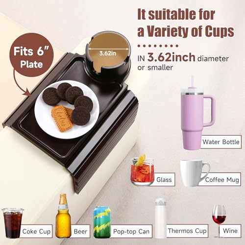SINWANT Couch Cup Holder Tray, 2 in 1 Bamboo Couch Armrest Table Clip on Sofa Armrest Table,Foldable Anti Silp Arm Rest Side Tray for Drink Coffee Mug, Snacks, Remote - color: Black Walnut