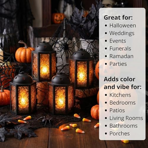 Mini Halloween Tea Light Candle Holder Centerpieces – 4.25" Small Decorative Moroccan Lantern for Table or Hanging, Metal with Glass Panels – Ramadan, Wedding, Home Decor, Amber Orange (Set of 4) - color: Amber Orange