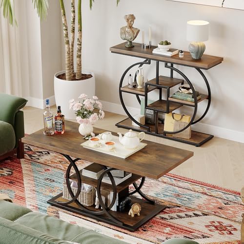 GiftGo Narrow Console Table for Entryway Industrial 4-Tier Sofa Table Behind Couch with Circle Base Rustic Wooden Accent Tables with Storage Shelves for Living Room, Hallway, Foyer (Brown) - color: Brown
