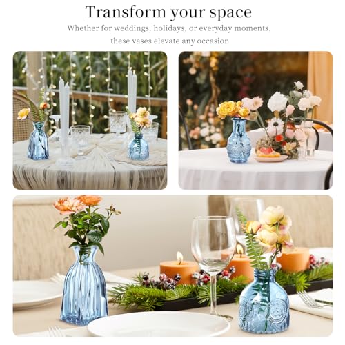 Glass Bud Vases Set of 16 - Blue Assorted Small Mini Glass Vases for Flowers, Crystal Vintage Vase Set, Bulk Centerpieces for Table Décor, Wedding, Home and Events (Blue, 16 Pcs) - color: Blue, size: 16 Pcs