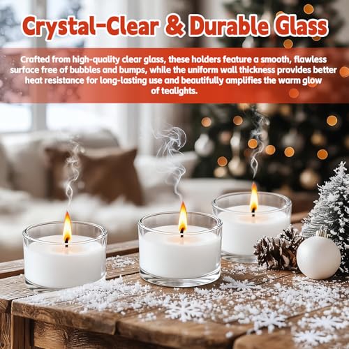 36 Pack Clear Glass Tealight Candle Holders, 1.8 Inch Wide x 1 Inch High, for 1.5" Tealights, Bulk for Wedding Centerpieces, Party, Dinner, Home Decor
