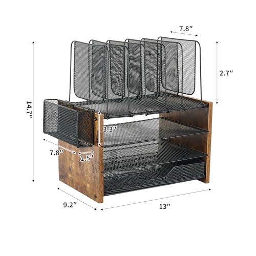 OPNICE Desk Organizer, 4-Tier Desktop File Organizer with Drawer and 2 Pen Holders, Office Desk Accessories, Workspace Organizers for Office Supplies(Brown Wood) - color: Brown Wood, size: 4-Tier Upgrade