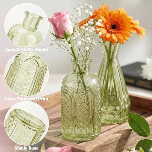 Glass Bud Vases in Bulk Set of 17, Green Small Mini Vases for Flowers, Vintage Vase for Centepiece,Wedding, Table Decor, Baby Shower, Christmas, Home and Events - color: Green