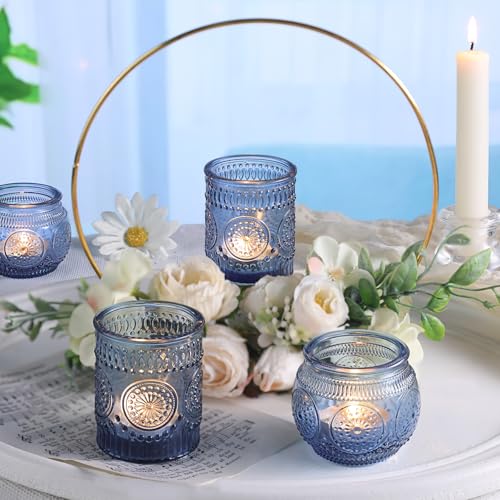 DARJEN 12Pcs Blue Votive Candle Holders - Votive Candle Holders Bulk, Glass Candle Holder for Party Decoration, Tea Lights Candle Holders for Wedding - color: Blue, size: 12 PCS