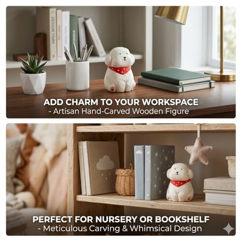 Hand-Carved Wooden White Teddy Dog Figurine, 2.7" White Puppy Statue with Base for Car Dashboard, Desk & Home Decor, Gift for Dog Lovers - color: White Teddy