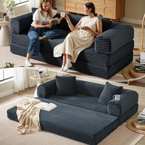 Boneless Couch Versatile Couches for Living Room No-Install Sofa Bed Corduroy Futon Soft Cloud Couch with Pillows for Bedroom Game Movie (Dark Gray, 76") - color: Dark Gray