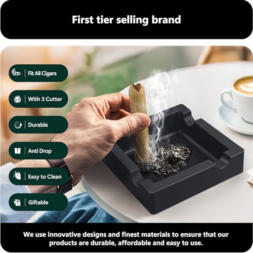 roygra Outdoor Ashtray, Ash Tray Outdoors, Cigar Ashtray for Outside Patio with 3 Cutter, Silicone Ashtrays for Outdoors with 4 Holder, Cigars Smoking Accessories for Men, Home Décor Smokers Indoor - color: Black
