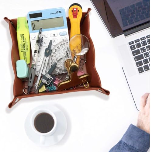 Valet Tray for Men Women 2 Pack - PU Leather Travel Catchall Tray Organizer - Desk Bedside Nightstand Storage Box for Jewelry Key Phone Remote Controller Wallet Watch Glasses Readers -Brown - color: Brown