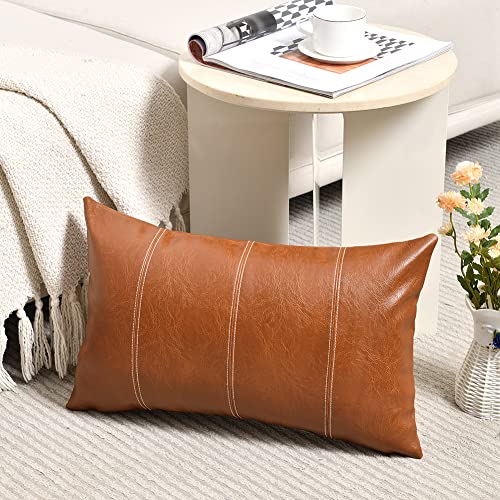 Fancy Homi 2 Packs Brown Boho Lumbar Faux Leather Decorative Throw Pillow Covers 12x20 Inch for Living Room Couch Bed Sofa, Hand Stitched Rectangle Cushion Case, Rustic Modern Farmhouse Home Decor - color: Brown, size: 20" x 12" (Pack of 2)