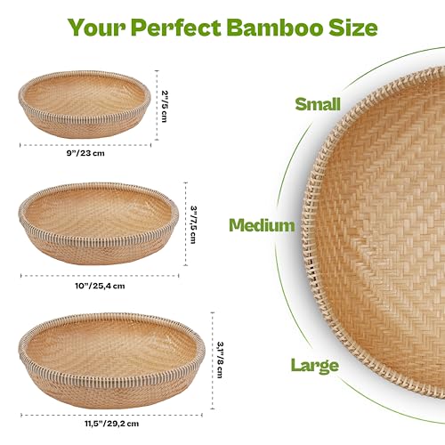 Set of 3 Handwoven Bamboo & Rattan Baskets – Woven Bread Basket & Fruit Bowl for Kitchen Counter, Decorative Wicker Tray for Serving Snacks, Pastries & Table Centerpiece - style: Set of 3 Handwoven Bamboo Baskets – Double Orchid Weave