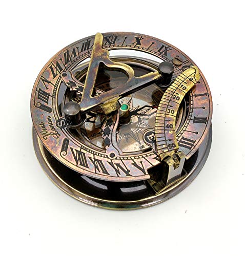 Nautical Brass Handmade Sundial Compass with Leather Box | Portable Pocket Friendly Vintage Working Compass for Home Décor, Collectors, and Gift Giving | Antique Maritime Compass Gift - color: Style 3