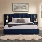 Luxury King Size Bed Frame with LED Lights and Nightstands, Oversized Velvet Upholstered Platform Bed Frame with Extra Wide Headboard, Button Tufted Design, No Box Spring Needed, Dark Blue | Breathable material - color: Dark Blue-velvet, size: King
