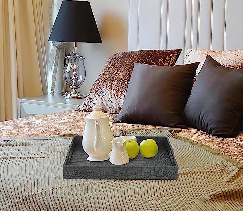 HofferRuffer Rectangle Serving Tray with Hole Handles for Coffee Table, Breakfast, Tea, Food, Butler - Countertop, Kitchen, Vanity Serve Tray, 16.2 x 12.2 x 2 inches, Faux Leather Tray (Dark Grey) - color: Dark Grey, size: 16.2" x 12.2" x 2"