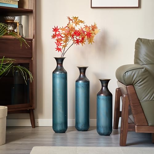 Floor Vases, Tall Home Decor Metal Vase Set of 3 Large Glazed Decorative Vases for Wedding Decor, Elegant Modern Flower Holder for Living Room, Entryway, Hallway, Dining Room - color: Gradient Blue