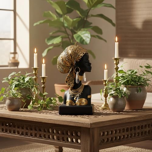 Lescafita African Lady Bust Sculpture with Golden Headwrap – Resin Figurine with Earrings and Necklace, Modern African Woman Statue for Home Decor and Cultural Gift - color: 317-gold