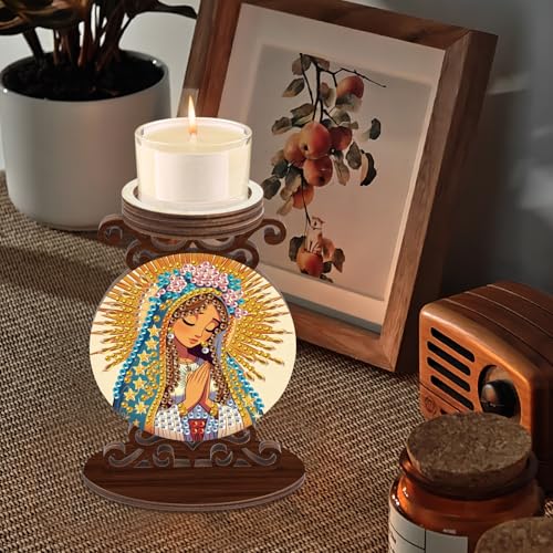 Diamond Art Painting Candlestick Holder Kits, Goddess DIY Shaped Crystal Diamond Art Painting, Woodiness Candle Holder for AromaRelax & Home Decor, Christmas Halloween Ornaments (Double-Sided) - color: Blessed Mary