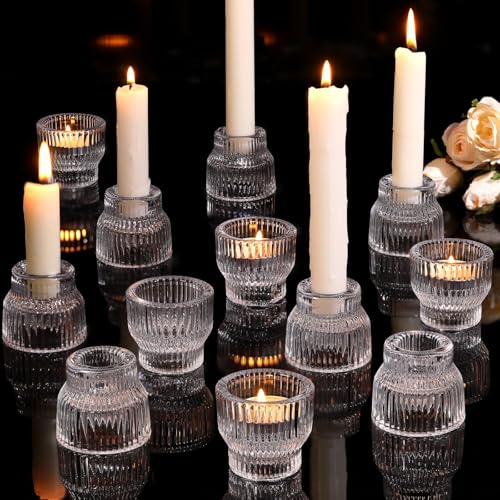 HAVITI 12 Pack Clear Taper Candle Holders, Glass Candlestick Holders, Tea Light Candle Holder for Fall Wedding Centerpieces Table Decorations, Votive Candle Holders for Table Decor - color: Clear