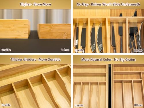 Umilife Large Expandable Kitchen Silverware Utensils Drawer Organizer, 2.5" Extra High Adjustable Drawer Divider with Curved Grooves, Bamboo Wood Cutlery Tray Flatware Holder - style: For Silverware (13"~20" x 17")