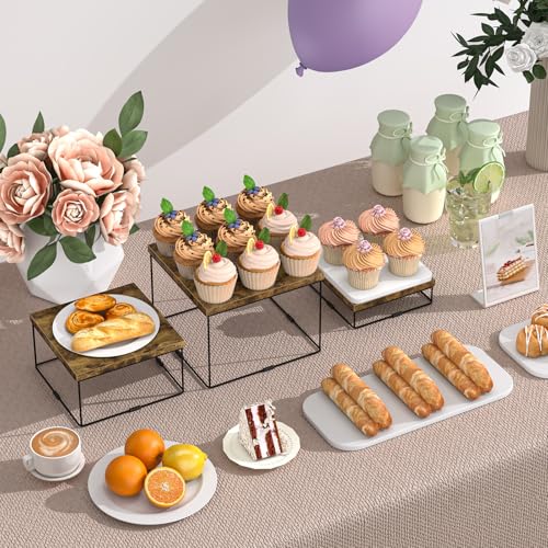 ELITEROO Buffet Risers and Stands, 3 Tier Wood Display Risers, Cake & Cupcake Stands, Dessert Table Display Set, 3Pcs Cube Display Base for Wedding Birthday Party Decor, Rustic Brown, 6"x7"x8" - size: 6"x7"x8"