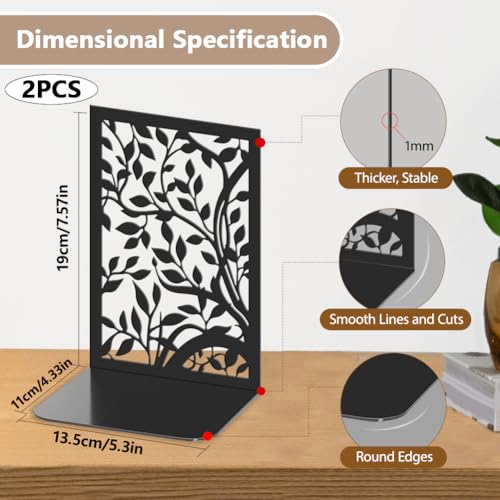 2pcs Book Ends Vines Plants Metal Large Bookends Leaf Heavy Duty Non-Slip Tree Book Ends Decorative Reading Black Book Stoppers for Shelves Back to School - style: Vines Plants,Leaf