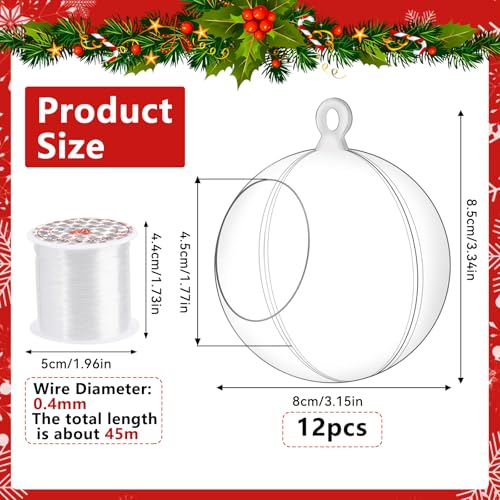 12 Pcs Hanging Globe Tealight Holders Acrylic Fillable Ball Ornaments Clear Plastic Terrarium Globe Hanging Tea Lights Candle Holder with Fishing Line for Christmas Party Wedding Centerpiece