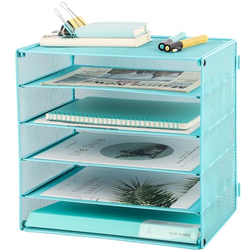 EASEPRES 5 Slot Mesh Desk Organizer Tray, File Paper Letter Folder Holder Desktop Paper Sorter Mail Organization Rack Storage Accessories, for Office Home School Classroom, Blue - color: 5 Tier Blue