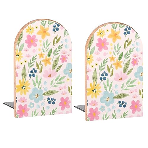 Cute Watercolor Leaves Floral Book Ends Decorative Wood Bookends for Shelves Kids Room Desk Home Office Book Stoppers for Magazines,Books, DVDs, 1 Pair/2 Pieces(5x3.1 in)