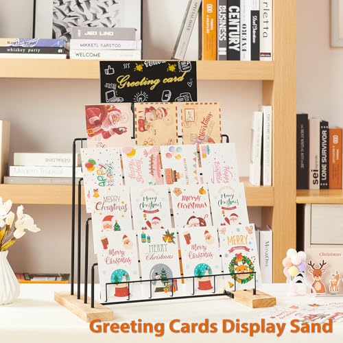 Greeting Card Display Stand, 4-Tier Greeting Card Organizer for Cards, Postcard, Photos, Brochure, Sticker, Trading Cards, Metal & Wooden Retail Display Rack for Vendors Counter Retail (Black) - color: Black