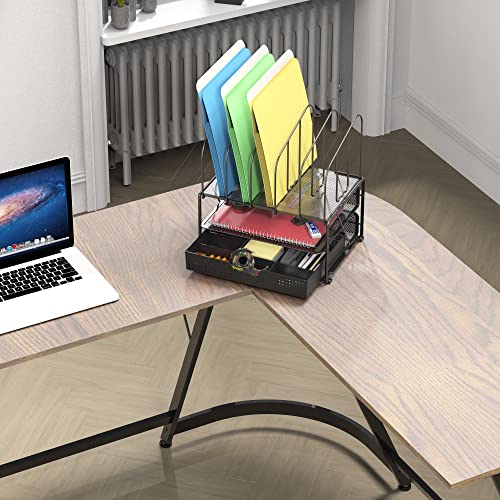 Deco Brothers Mesh Desk Organizer with Double Tray, 5 Upright Sections and Sliding Drawer, Black - color: Black