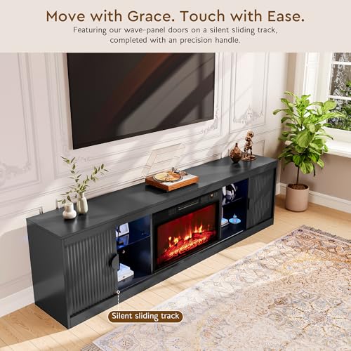 LGHM 70'' LED TV Stand with Fireplace, Stylish Modern Entertainment Center with 2 Slip Doors for TVs Up to 80”, Media Console with Storage for Living Room, Black - size: 22''H & Fireplace